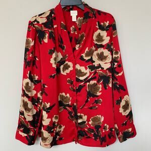 Chico's button up blouse long sleeves textured crepe red brown tan floral size L